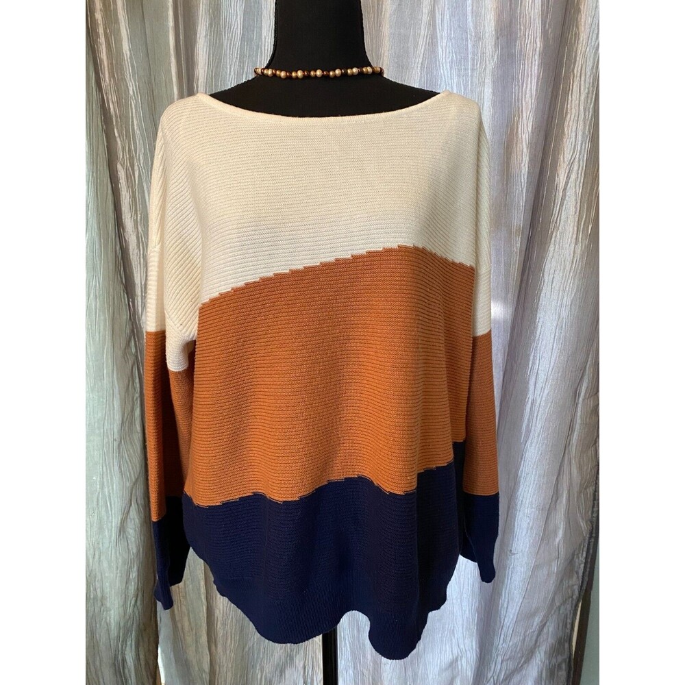 Revolution Womens Sz XL tri-colored tight knit sweater blu, brown and cream